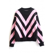 Mohair Chevron Color Block Long Sleeve Loose Sweater
