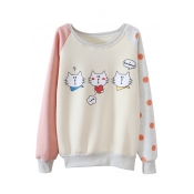 Cartoon Cat Print Polka Dot Color Block Raglan Sleeve Sweatshirt