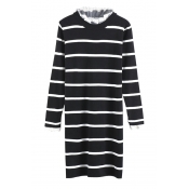 Lace Patchwork Long Sleeve Stripes Round Neck Knit Midi Dress