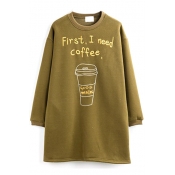 Letter & Coffee Embroidery Long Sleeve Loose Tunic Sweatshirt