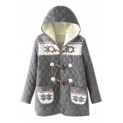 Geometric Patchwork Horn Button Hooded Rhombus Quilting Coat