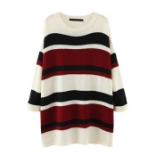 Round Neck Batwing Color Block Stripes Long Sweater