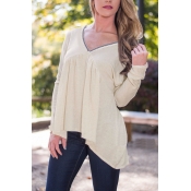 V-Neck Long Sleeve High Low Tie Back Loose Blouse