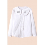 Lapel Face Embroidery Button Down White Cotton Shirt