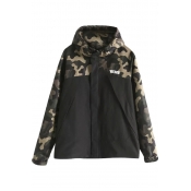 Hooded Camouflage Print Patchwork Zipper Long Sleeve Jacket