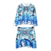 Blue Lapel Floral & Geometric Print Top with Ruffle Hem Mini Skirt