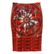 High Waist Vintage Print Baycon Red Pencil Midi Skirt