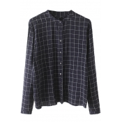 Stand Up Neck Plaid Button Down Long Sleeve Loose Shirt