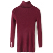Turtleneck Buttons Detail Stretch Plain Sweater