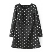 Polka Dot Round Neck Long Sleeve Black Short Winter Dress
