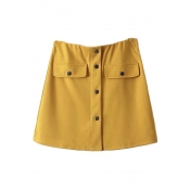 High Waist Plain Single Breasted A-Line Mini Skirt