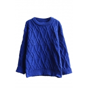 Round Neck Plain Rhombus Knit Long Sleeve Sweater