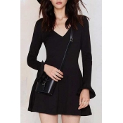 Plain V-Neck Ruffle Cuff A-Line Black Mini Dress