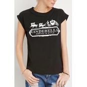 Carriage & Letter Print Round Neck Short Sleeve Black Tee