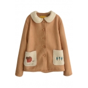 Lapel Cartoon Embroidery Wool Patchwork Single Breasted Suede Coat
