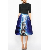 Sword Cat & Lightning Print Blue A-Line Midi Skirt
