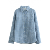 Lapel Button Down Wool Lining Plaid Single Pocket Shirt