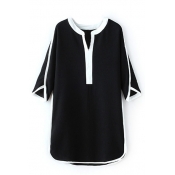 V-Neck 3/4 Length Sleeve Color Block Shift Chiffon Mini Dress