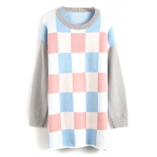 Long Plaid Color Block Batwing Sleeve Round Neck Sweater