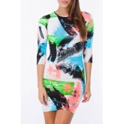 Colored Graffiti 3/4 Length Sleeve Bodycon Mini Dress
