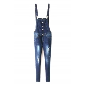 Button Detail Ripped Skinny Overall Blue Jeans