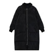 Stand Up Neck Color Block Zipper Long Padded Coat