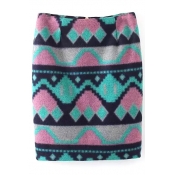 Geometric Print Zip Back Bodycon Color Block Tweed Mini Skirt