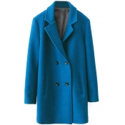 Blue Double Breasted Notched Lapel Long Tweed Coat