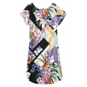 Round Neck Short Sleeve Floral Print Shift Midi Dress