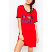 Round Neck Short Sleeve Red Letter Print T-Shirt Dress