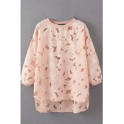 Round Neck Long Balloon Sleeve Lace High Low Blouse