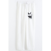 White Drawstring Waist Cat Patterned Straight Joggers