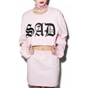 Pink Letter Print Long Sleeve Top with Bodycon Plain Mini Skirt