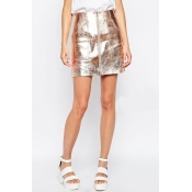 Zip Up Double Pockets A-Line Sequined PU Mini Skirt
