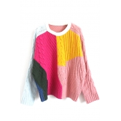 Round Neck Color Block Patchwork Cable Knit Batwing Sleeve Sweater