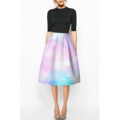Pink Tie-Dye Galaxy Print A-Line Midi High Waist Skirt