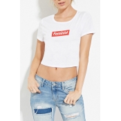 White Round Neck Short Sleeve Letter Print Cropped Tee