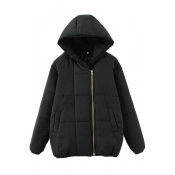 Hooded Inclined Zipper Raglan Sleeve Plain Padded Coat