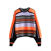 Round Neck Color Block Stripes Long Sleeve Sweater