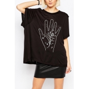 Funny Hand Print Round Neck Batwing Short Sleeve Tunic Tee