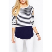 Round Neck Stripes Patchwork Long Sleeve Color Block Sweatshirt