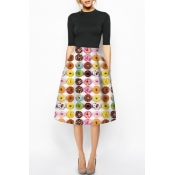 Colorful Donuts Print High Waist Midi A-Line Skirt