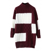 High Neck Color Block Cable Knit High Low Thicken Sweater