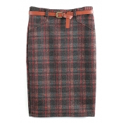 Plaid Tweed Pencil Midi High Waist Skirt with Belt