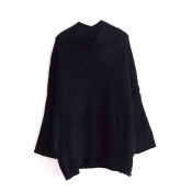 V-Neck Long Sleeve Plain Split Side Longline Sweater