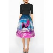 Rainbow & Unicorn Print High Waist A-Line Skirt