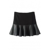 Plain High Waist Zip Back PU Patchwork Ruffle Hem Mini Skirt