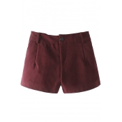 Zipper Fly Plain Double Pockets Loose Red Tweed Shorts