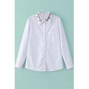 Letter Embroidery Single Pocket Button Down White Shirt