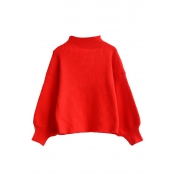 High Neck Balloon Sleeve Batwing Red Cropped Sweater